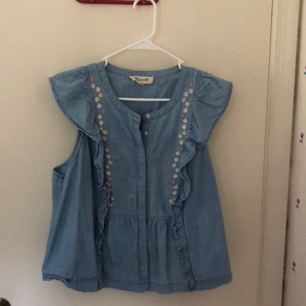 Madewell ruffle denim top with floral embroidery
